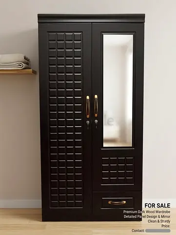 Modern Dark Wood Two Door Wardrobe with Mirror