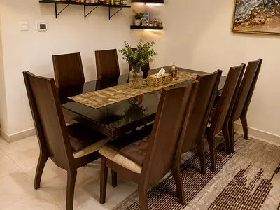 Solid Malaysian Wood 8-Seater Dining Table with Glass Top — Excellent Condition