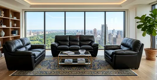 Black Leather 3-Piece Sofa Set with Classic Area Rug