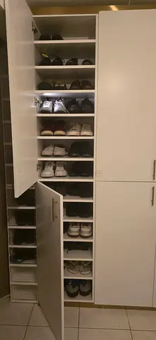 White Shoe Cabinet with Multiple Compartments - Good Condition 26 pair. With LED lights