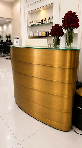 Gold Reception Counter with Glass Top — Elegant Salon/Office Desk