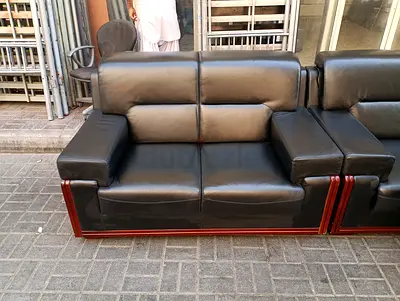 Black Leather 3+2.1+1-Seater Sofa with Wooden Base - Good Condition