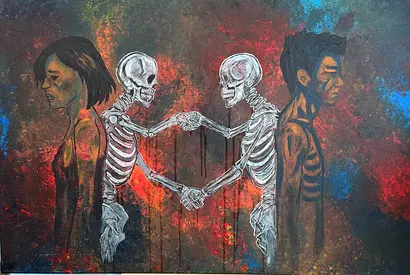 Original Contemporary Painting — Two Skeletons Holding Hands with Four Figures