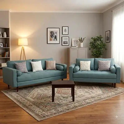 Two-piece teal fabric sofa set - 3-seater and 2-seater in good condition