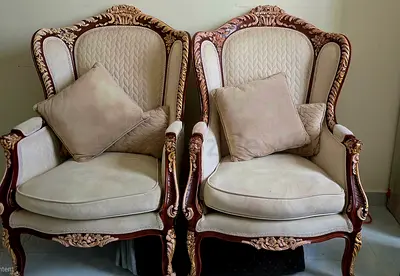 Pair of Classic Carved Wooden Armchairs with Cushions - Good Condition