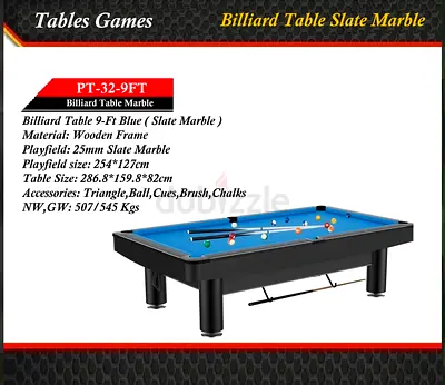 9ft Slate Pool Table - Blue Playfield, Wooden Frame