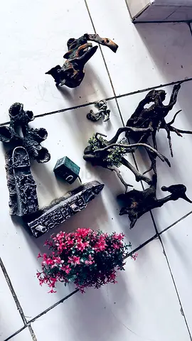 Assorted Aquarium Decorations: Driftwood, Ceramic Ornaments & Plastic Plant