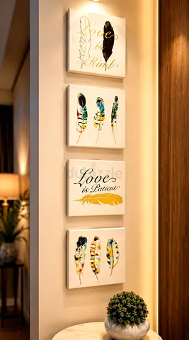 Set of 4 Feather-Themed Canvas Wall Art Panels - Neutral Tones