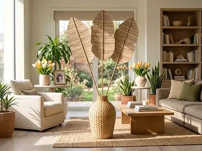 woven rattan floor vase With 3 woven palm leaf with bamboo stems fan decor 180 cm
