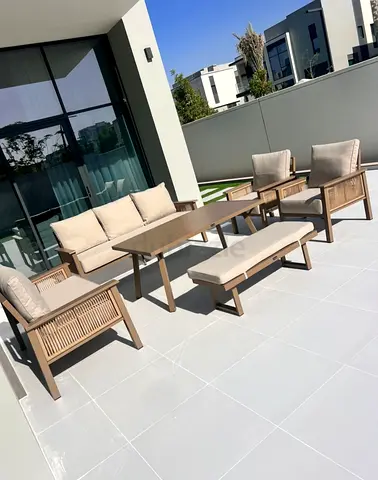 Outdoor patio lounge set - 2 sofas, 2 armchairs, bench & table (beige cushions)