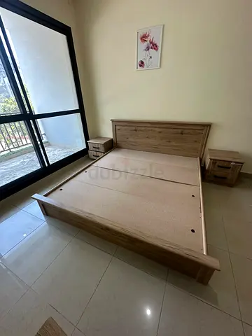 King size bed frame with bedside tables and dresser - light oak finish