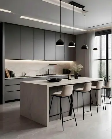 Modern Grey Kitchen Island with Bar Stools - Minimal Design