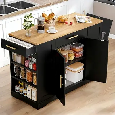 Black Kitchen Island Cart with Wooden Top and Storage Shelves