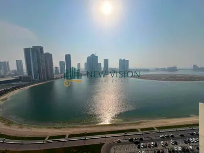 3BR in Al Khan, master maid room, built-in wardrobes, free AC, open sea view, free parking, gym & pool, fully equipped. Annual Rent AED 79,700.
