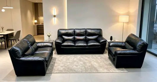Genuine Black Leather 3-Seater Sofa + 2-Seater and Armchair Set