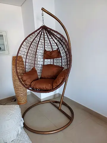 Hanging Egg Chair with Stand and Cushions - Brown