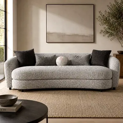 Light Grey Bouclé 3-Seater Sofa — Comfortable Curved Design