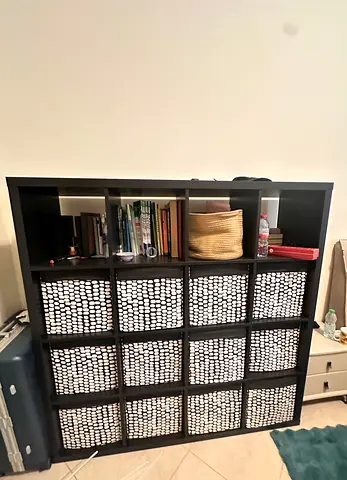 IKEA KALLAX 4x4 Shelving Unit with 12 Fabric Drawers - Black Shelving Unit, 147x147 cm