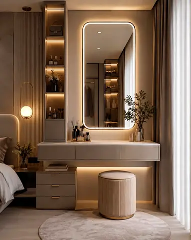 Modern wall-mounted vanity table with LED mirror and stool