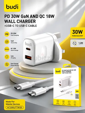 Budi 30W PD GaN + QC18W Dual Port USB-C/USB-A Wall Charger with USB-C Cable
