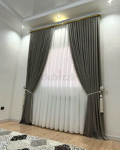 Pair of Grey Floor-Length Drapes with Sheer Liner and Tassel Tiebacks