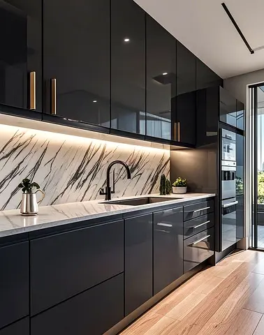 Modern High-Gloss Dark Grey Kitchen Cabinets with Marble Backsplash