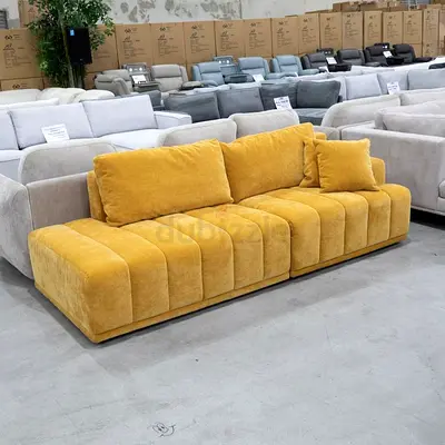 Modern mustard yellow 3-seater sofa - low profile, plush cushions