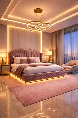 Modern upholstered queen bed with LED base lighting