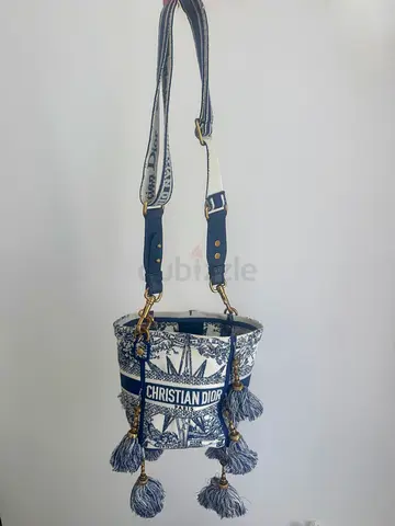 Christian Dior embroidered bucket bag with tassels (blue & white)