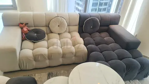 Used L-shaped tufted fabric corner sofa - beige and dark grey, 260cm