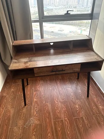 Solid Wood Writing Desk with Drawer and Shelves - Rustic Finish