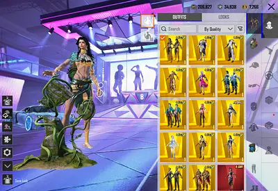 PUBG Mobile account with multiple premium outfits and cosmetics
