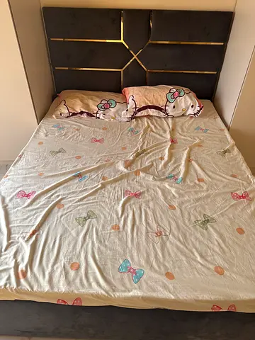 Queen bed frame with upholstered headboard - good condition