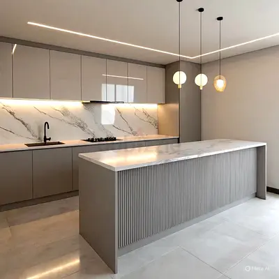 Modern Grey Kitchen Island with Marble Top