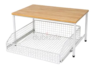 Small Wooden Top Side Table with Pull-Out Wire Basket