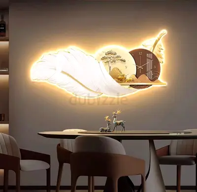 Modern LED Feather Wall Art with Built-in Clock - Warm White