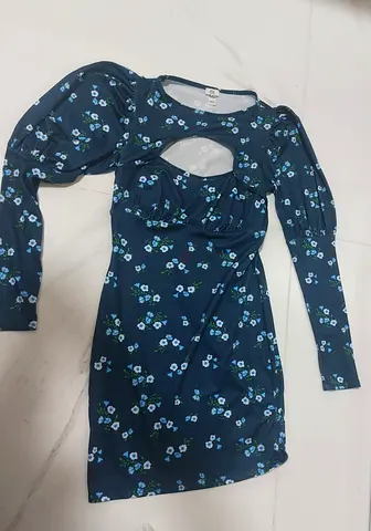 Navy Blue Floral Long-Sleeve Mini Dress with Cutout (Size S)