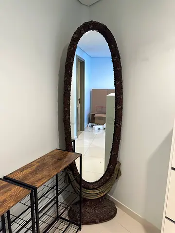 Full-Length Rustic Oval Mirror with Decorative Bark Frame