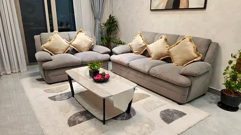 Comfortable 2 & 3 Seater Grey Upholstered Sofa and Center table in Good Condition