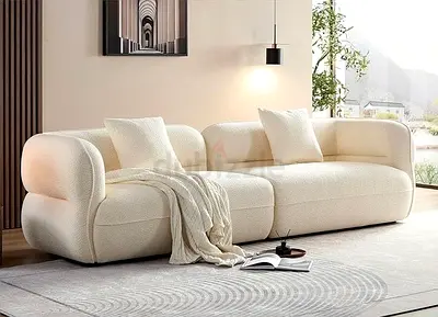 Cream Bouclé 3-Seater Sofa — Modern Curved Design