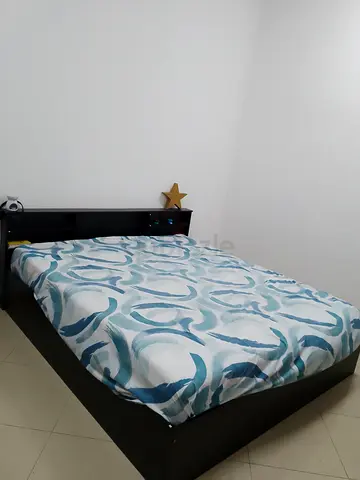 Queen bed frame with headboard storage - dark wood, with under storage partitions