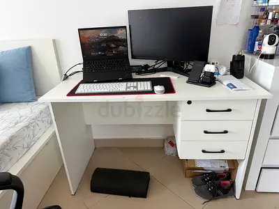 White 3-Drawer Study Desk — Good Condition, Ready to Use. Does not include any accessorieson table