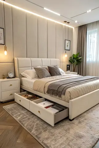 Modern Upholstered Bed with Built-in Storage Drawers