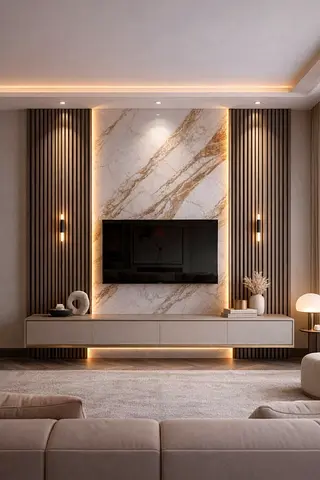 Modern Marble TV Wall Unit with Floating Cabinet and Ambient Lighting