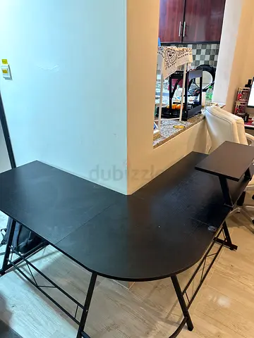 Black modern computer desk with raised shelf