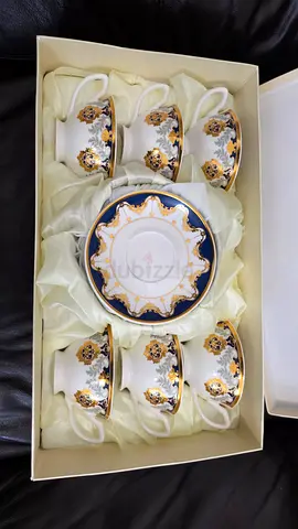 6-Piece Porcelain Tea Cup and Saucer Set - Gold & Blue Accents