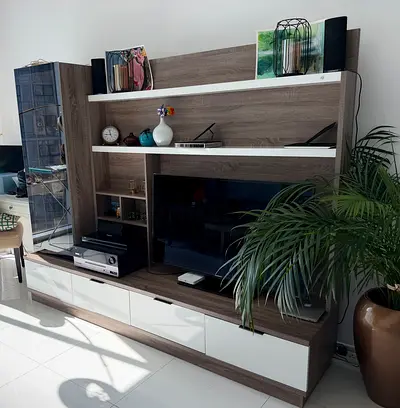 Modern wall-mounted entertainment unit with storage - good condition