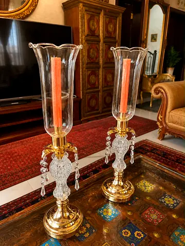 Pair of Gold Crystal Hurricane Candle Holders (Glass Chimney)