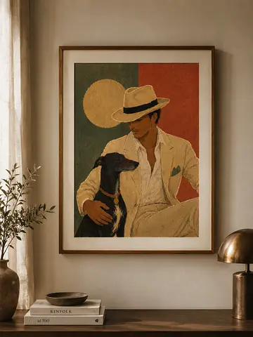Framed Vintage-Style Portrait Print of Gentleman with Dog. Frame, wallpaper, picture, portrait.