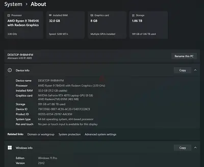 Alienware m18 R1 Laptop - AMD Ryzen 9, RTX 4070, 32GB RAM, 1.86TB